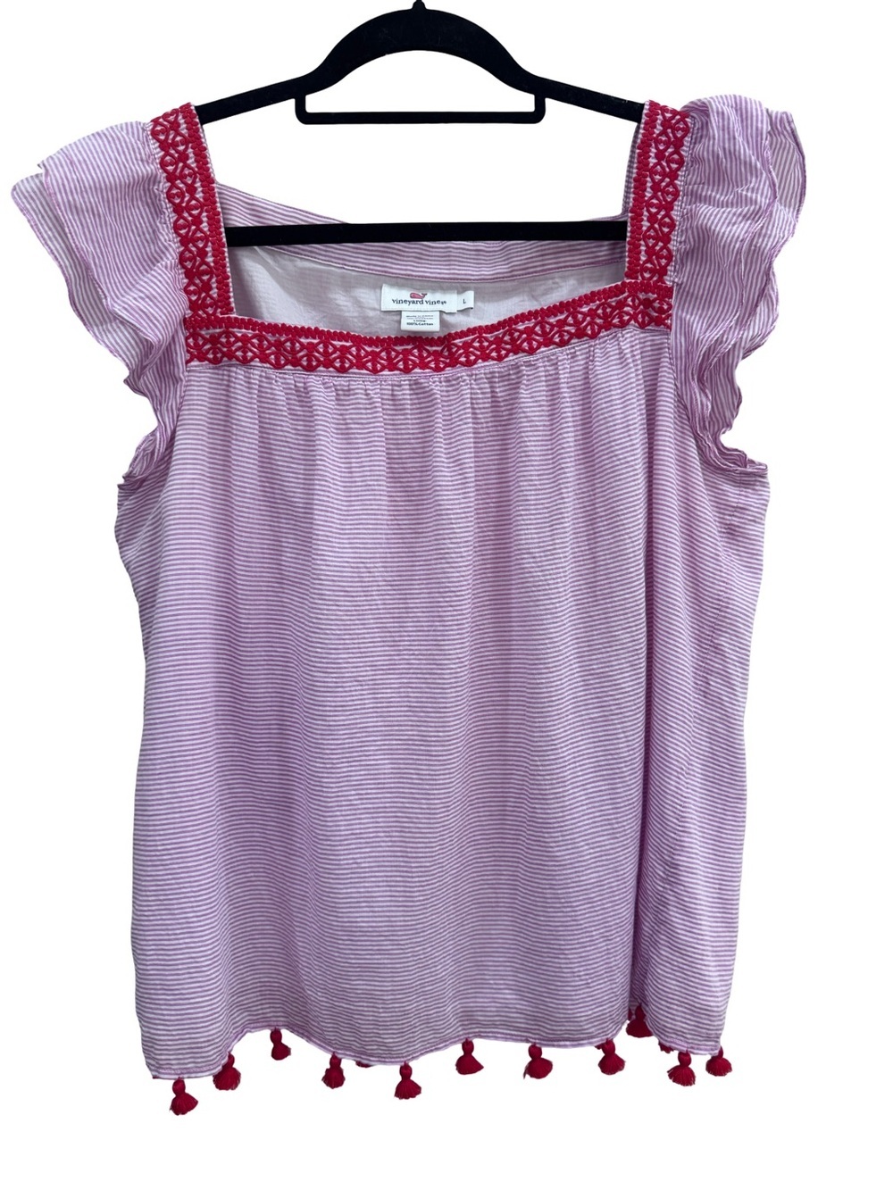 Vineyard Vines Pink Striped Square-Neck Tassel Tunic with Red Trim